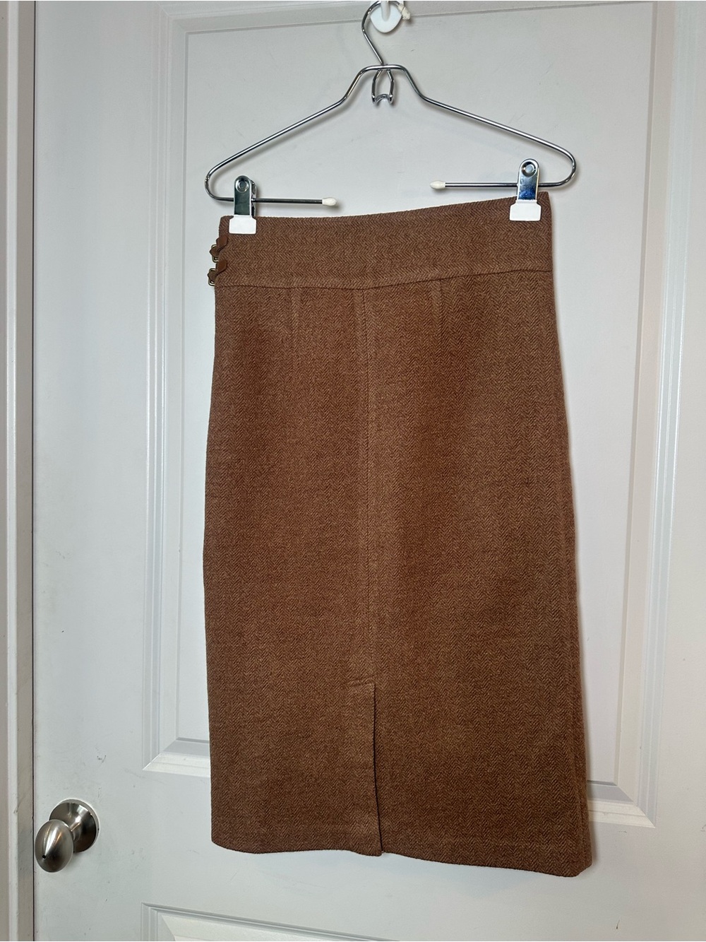 Vintage 90’s RALPH LAUREN Wool Herringbone Buckle Brown Pencil Skirt, Medium - Picture 2 of 6